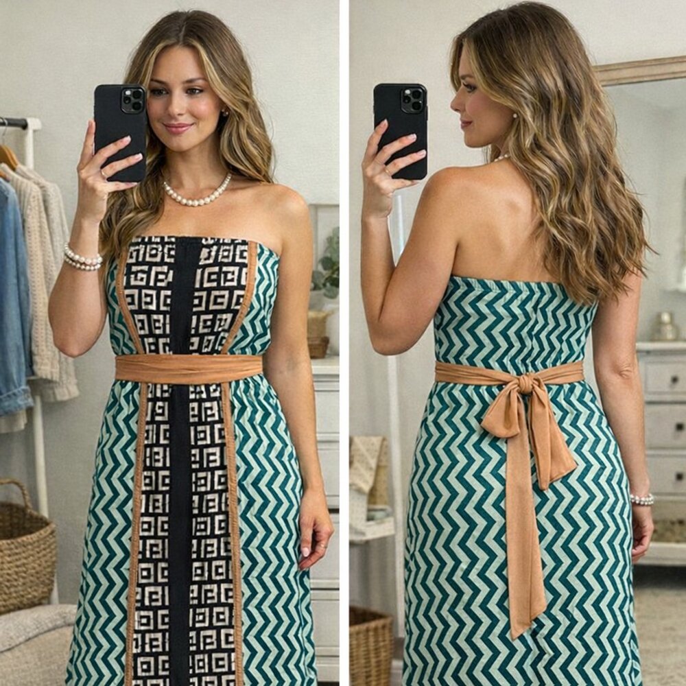 Boho Chic Strapless Geo Maxi Dress | Turquoise & Peach - Sz M/L